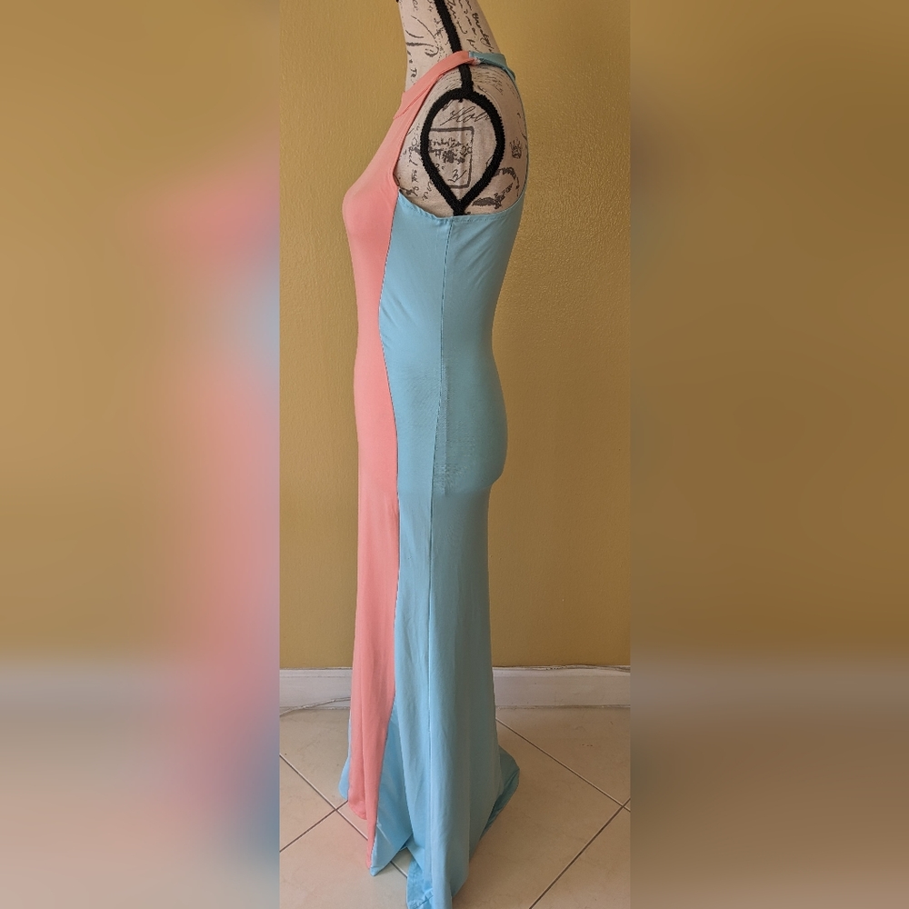 MAXI Bodycon Baby Blue & Peach Color Block Dress Size Small/Medium - Picture 4 of 6